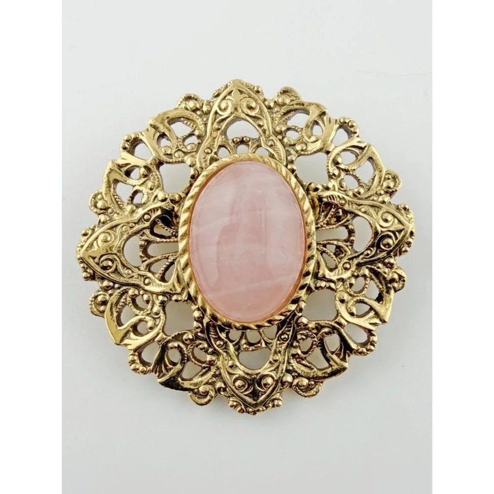 Vintage 1928 Jewelry Co Pink Faux Quartz Filigree Brooch Pin